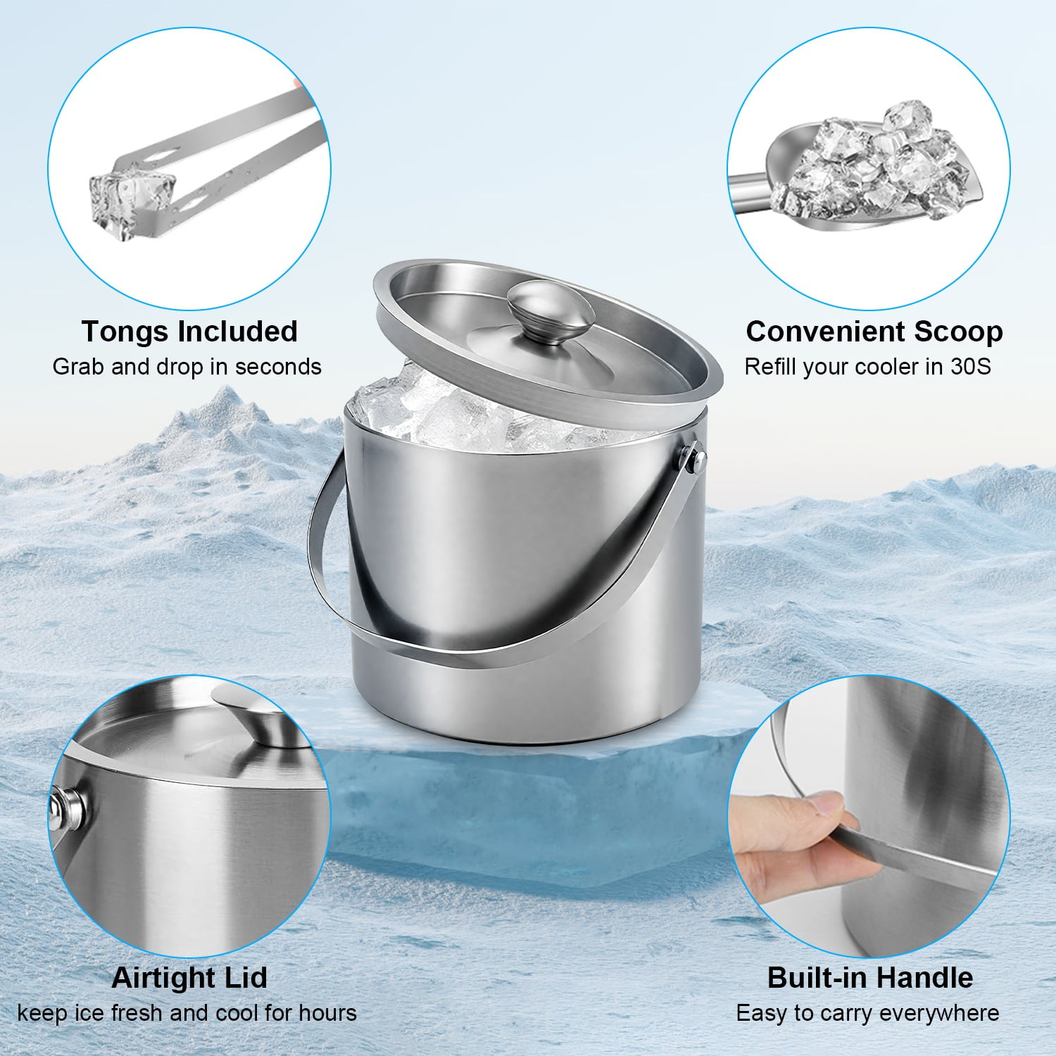 FENGFAN 3L Insulated Ice Bucket, Double-Wall 304 Stainless Steel Ice Holder with Accessories for Party Bar Use