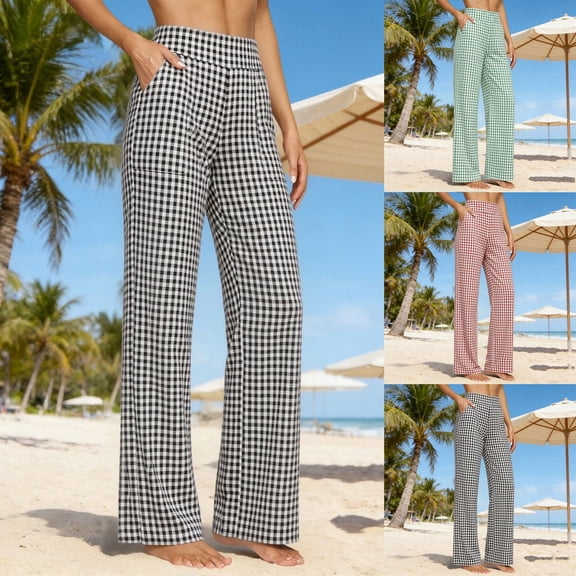 Women's Wide Leg Pants Gingham Plaid Casual High Waisted Cotton Blend Pants Comfy Summer Trousers with Pockets Black XL(XL)