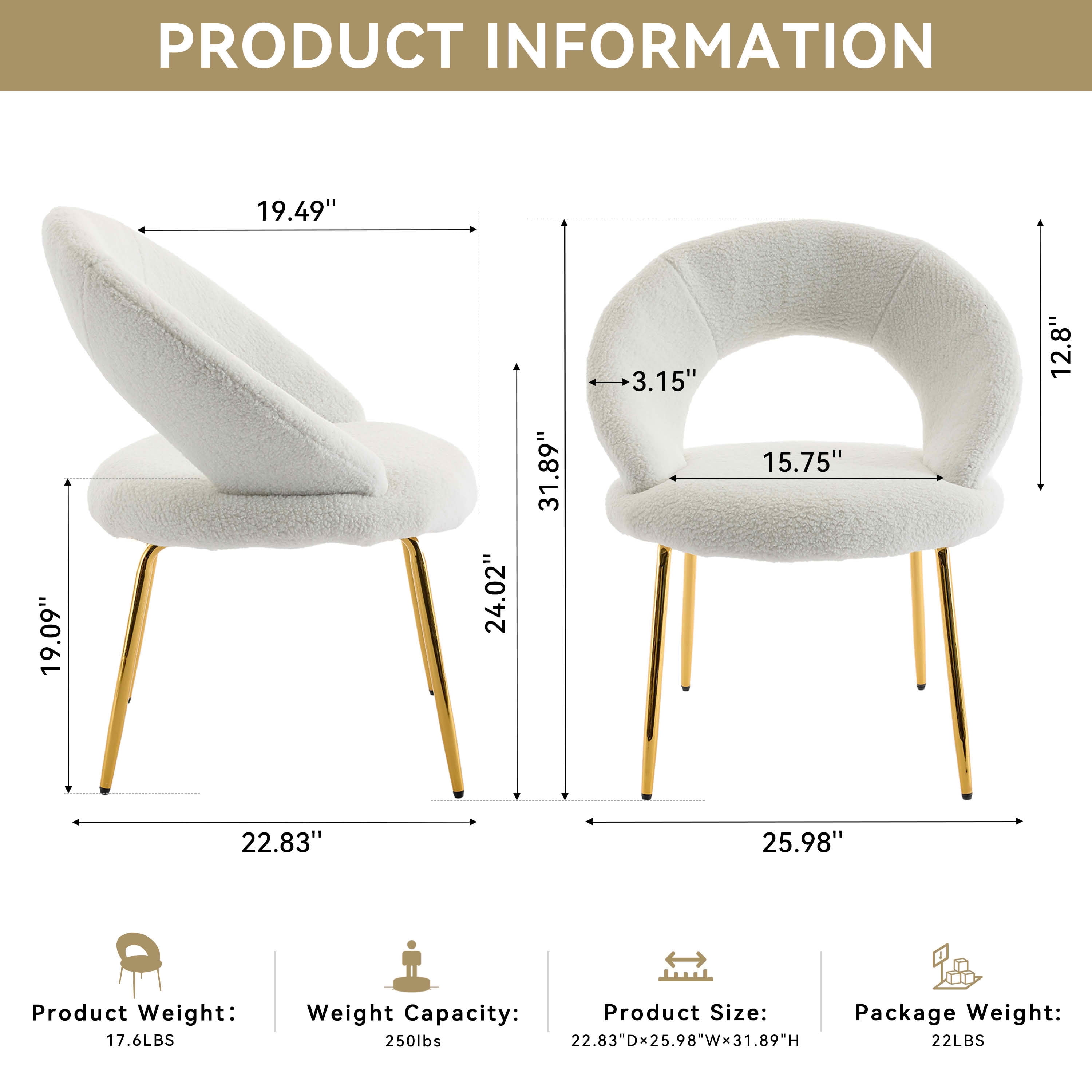 MAYEERTY Set of 1 Teddy Fabric Dining Chair, Curved Backrest & Golden Metal Legs, for Kitchen & Dining Room, White