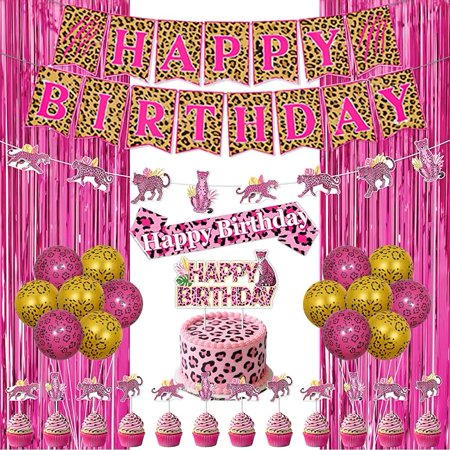 Cheetah Birthday Decorations for Girls Leopard Happy Birthday Banner Garland Cupcake Cake Toppers Leopard Print Sash Balloons for Safari Jungle Animal Cheetah Supplies