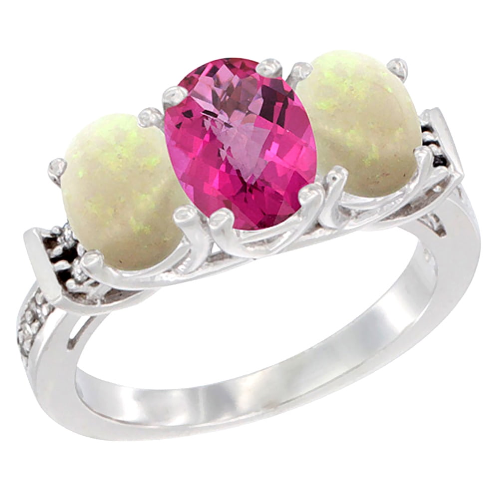 10K White Gold Natural Pink Topaz & Opal Sides Ring 3-Stone Oval Diamond Accent, sizes 5 10 by WorldJewels