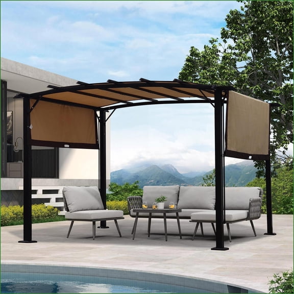 Outdoor Pergola, 12 x 9 Ft Retractable Shade Canopy, Beige, For Backyard Garden Patio | Steel | Rectangle