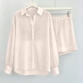 thumbnail image 5 of Cagogo Women's 2 Piece Striped Casual Set V Neck Long Sleeve Top Elastic Waisted Shorts Summer Outfits Lounge Travel Clothes Matching Two Piece, Beige L, 5 of 5