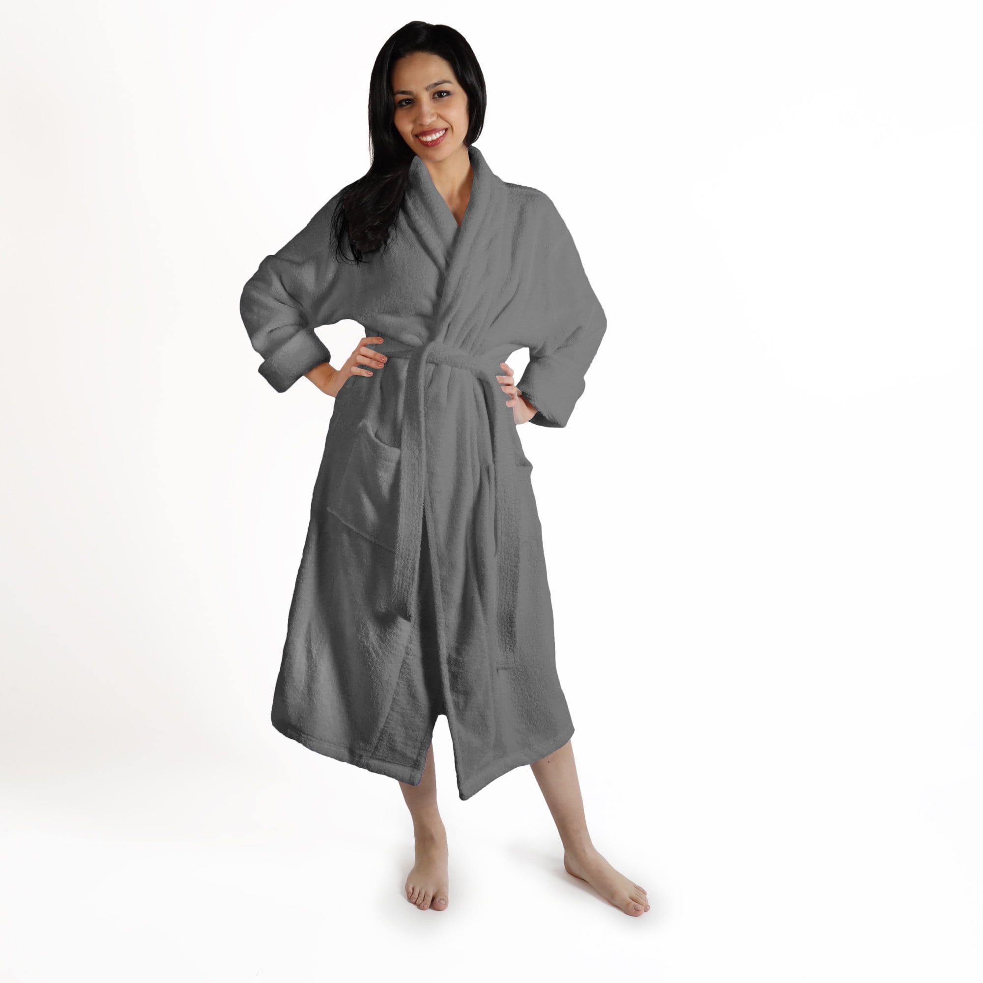 Superior Women's Turkish Cotton Terry Ultra-Soft and Absorbent Long Bathrobe, Grey, Small / Medium