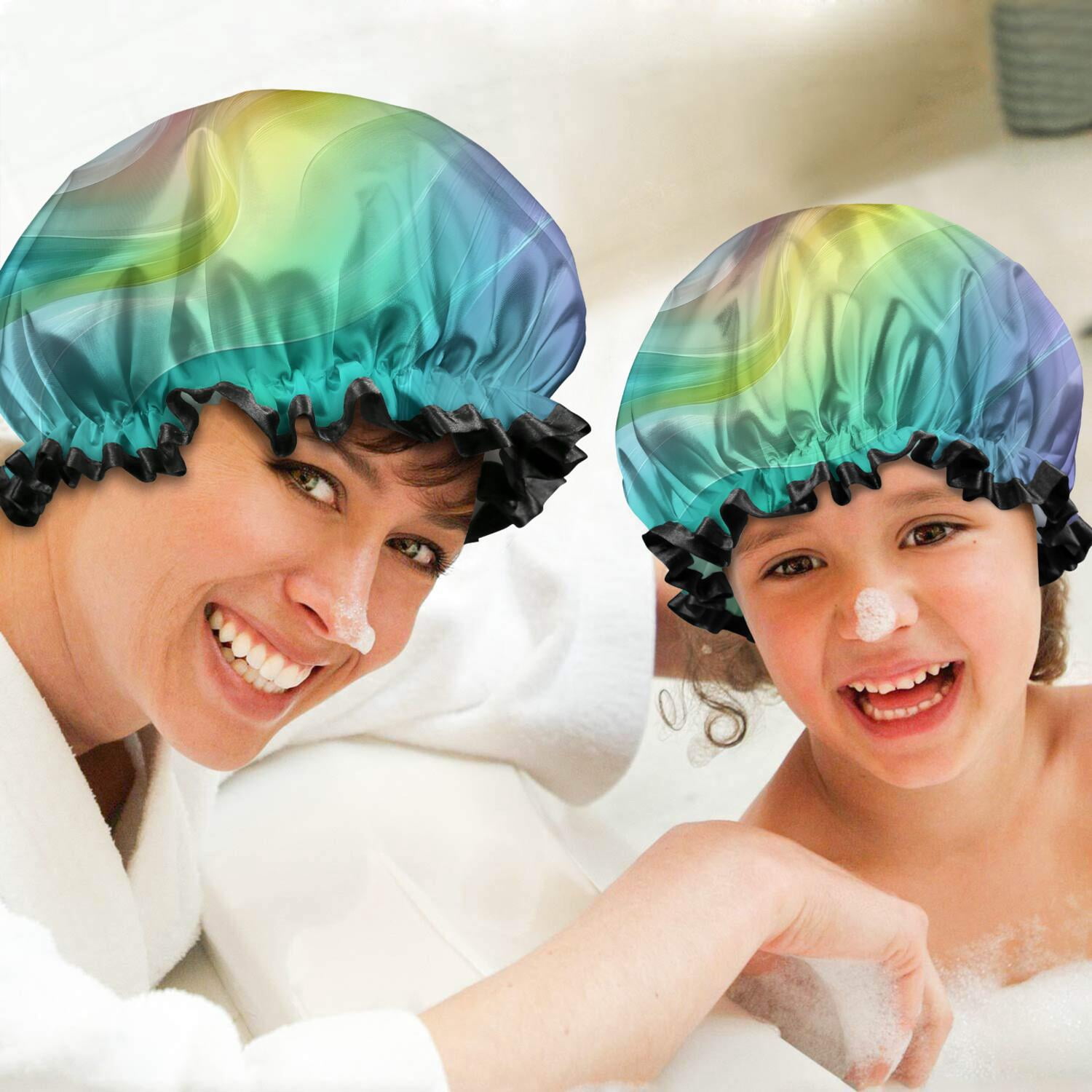 Shower Caps,Rainbow Tie Dye Swirl Pattern Waterproof Shower Cap for Women 4 Pieces,Double Reusable Hair Cover for Shower PEVA Elastic Stretch Hem