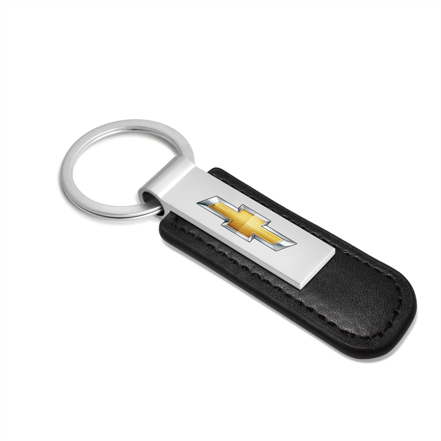 iPick Image for Chevrolet Golden Logo Silver Metal Plate Black PU Leather Strap Key Chain, Official Licensed