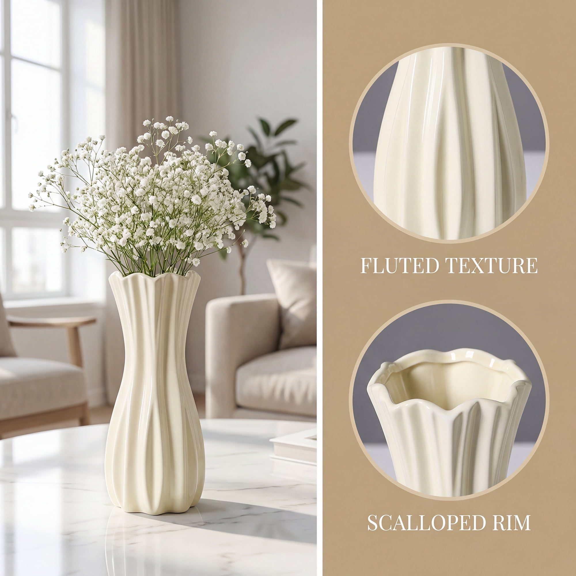 Unique Bargains Modern White Ceramic Vase Cream Yellow 3.5"L x 3.5"W x 7.9"H