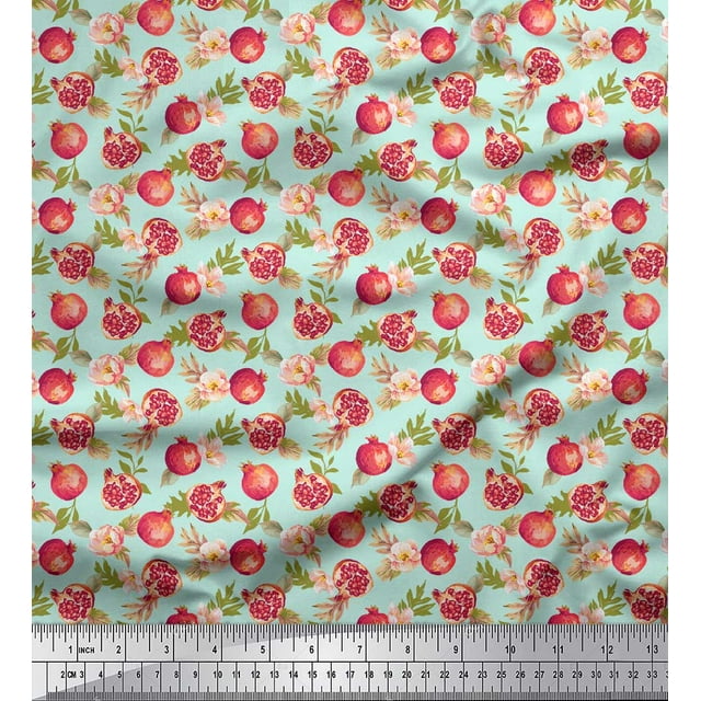 Soimoi Green polyester Crepe Fabric Floral & Pomegranate Fruits Printed Craft Fabric by The Yard 42 Inch Wide