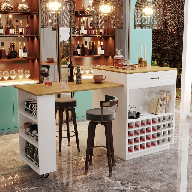 Noble House Bar Cabinet & Table on Wheels,Extendable Countertop with Wine Rack & Glass Holder,White+Natural