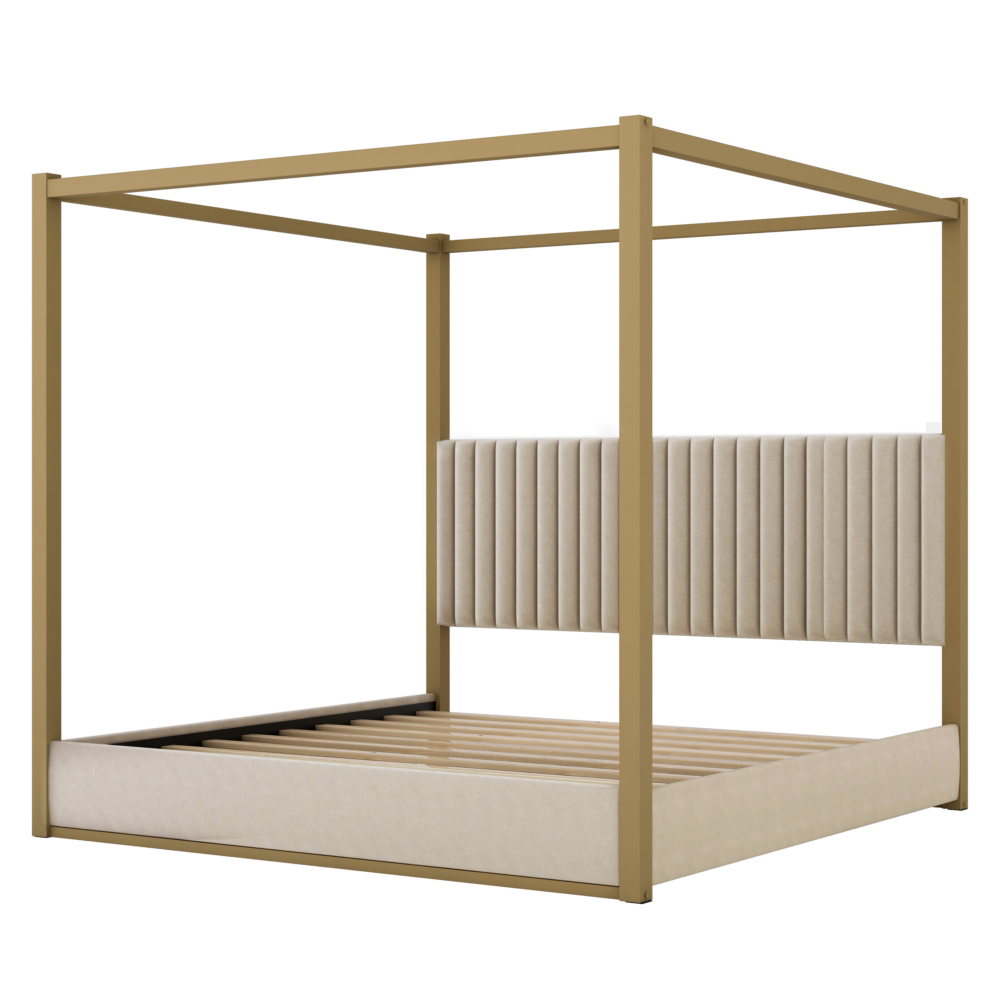 Euroco King Size Canopy Bed with Metal Frame and Upholstery Headboard, Beige