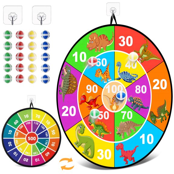 28.7" Kids Dart Board, Dinosaur Theme Double-Sided Dartboard Set with 20 Sticky Balls, Indoor Outdoor Games Toys for Boys Girls