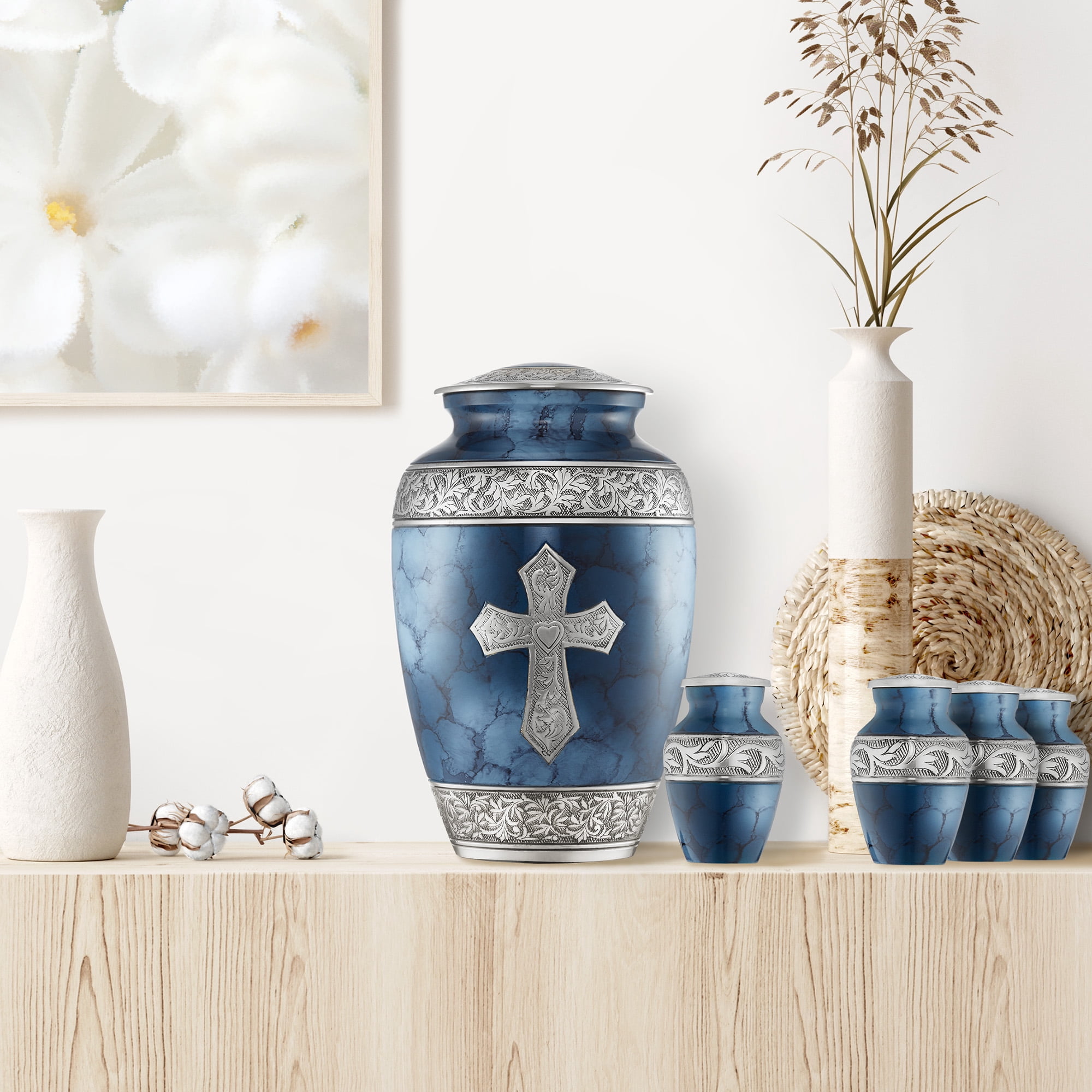 Reminded Set of 5 Engraved  Cross Cremation Urns for Human Ashes - 1 Brass Adult + 4 Keepsake Token Size, Blue