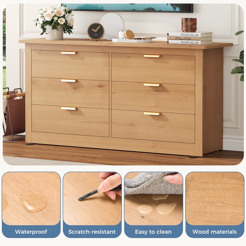 Gianna Dresser for Bedroom with 6 Drawers 59 Inch Chest of Drawers Wooden Dressers for Closet Living Room，Wood