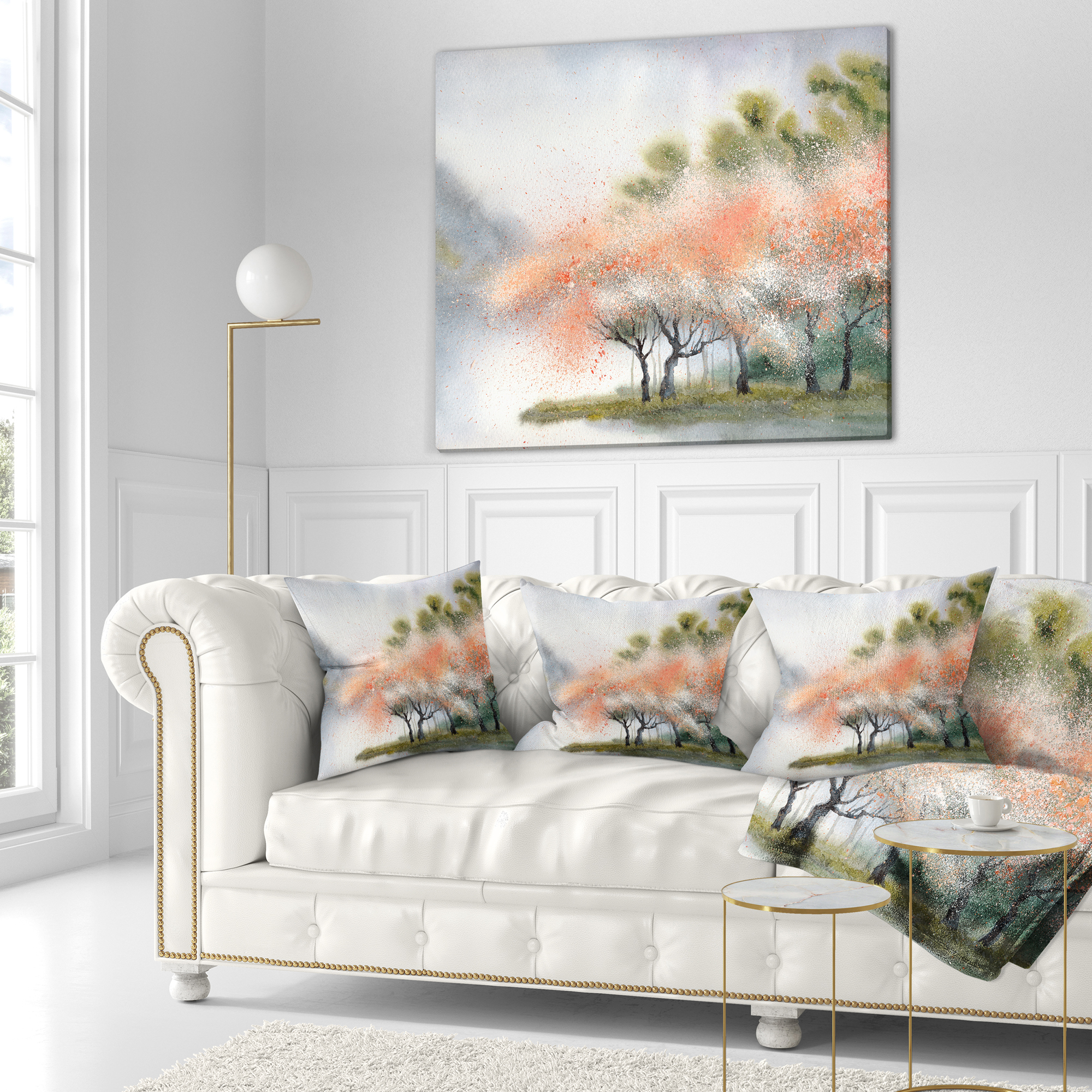 Designart Trees with Flowers Near River - Landscape Printed Throw Pillow - 16x16