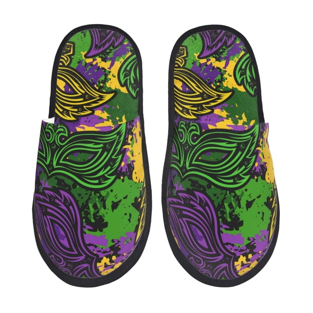Fotbe Mardi Gras7 Pantuflas Peludas para Mujer con Estampado, Zapatillas de Peluche, Zapatos de Invierno para Casa, Uso Interior y Exterior-Large
