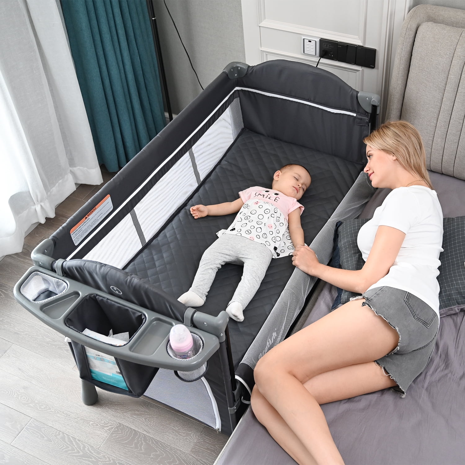 5 in 1 Baby Bassinet Bedside Sleeper Bedside Crib, Includes Mattress, Diaper Changer, Hanging Toys, Portable Travel Crib for Girl Boy Infant Newborn,Gray