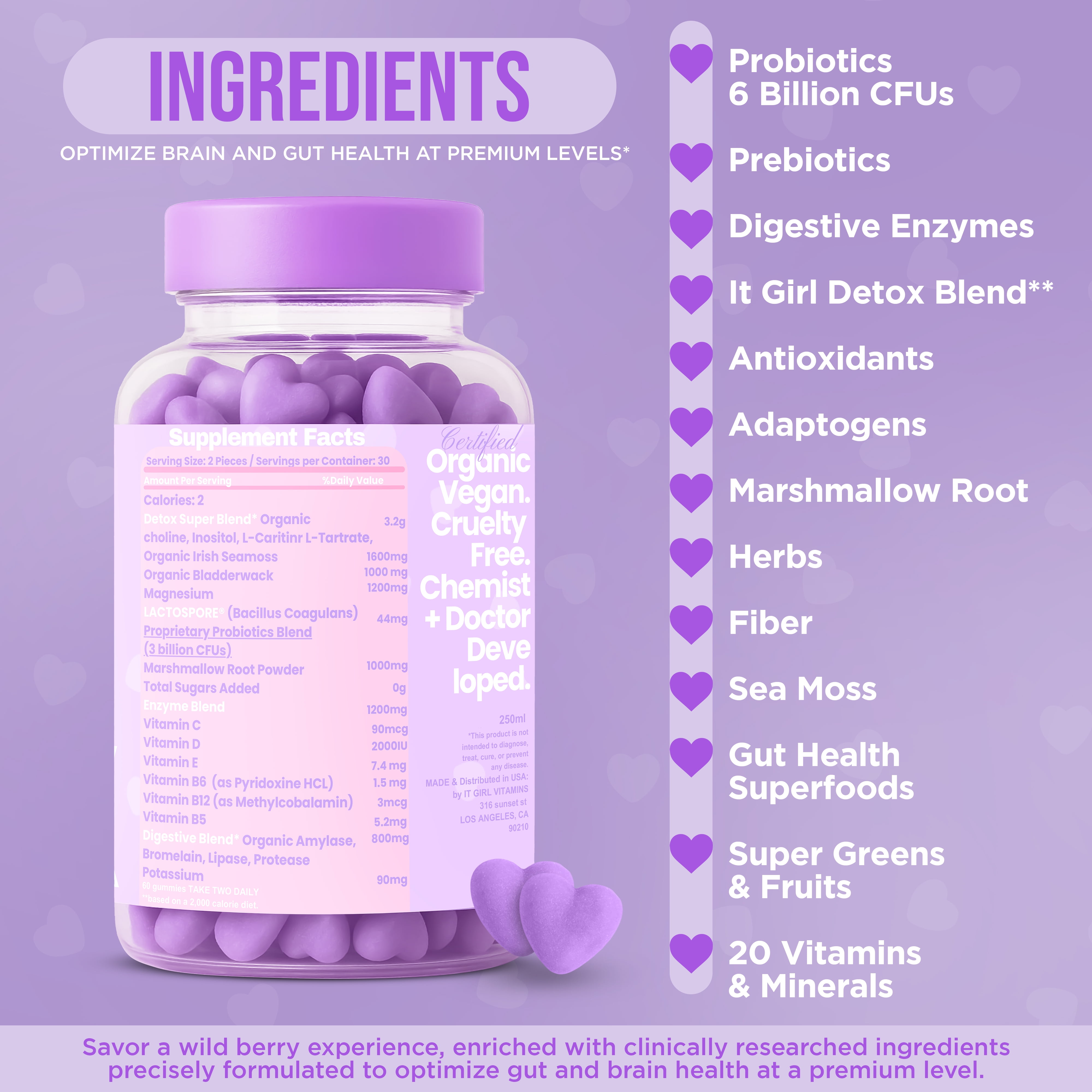 Daily Gut Health Gummies, Women's Multi-Vitamins & Superfoods + Natural Organic Detox, Digestive Enzymes, Probiotics 6 Billion CFUs, Debloat, Metabolism, Immunity, Vegan Wellness, 60 Count