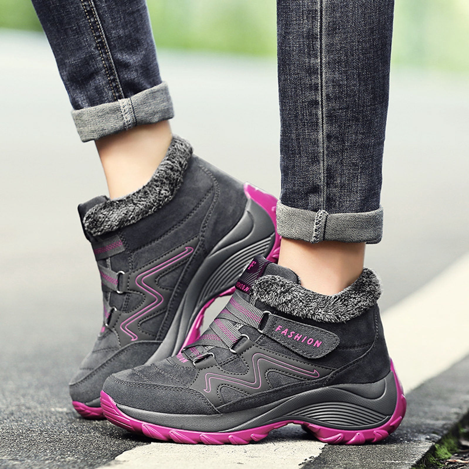 CAICJ98 Women’s Winter Boots Warm Lined Ankle Shoes Water Resistant Hiking Booties Non Slip Sole Winter Boots Women (Grey,Size 7.5)