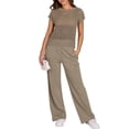 thumbnail image 2 of Jaimenalin Women Two Piece Outfits Crochet Sheer Knit Sweater Top Wide Leg Pants Lounge Matching Sets Khaki L, 2 of 9