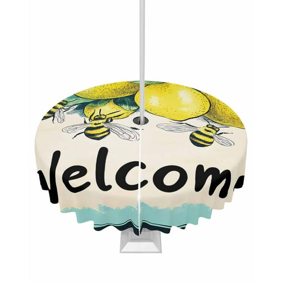 nqOlkjepod Summer Lemon Outdoor Tablecloth with Umbrella Hole & Zipper, Spring Bees Turquoise Plaid Round Table Cover 60 Inch, Dining Waterproof Table Cloth Protector for Patio/Party/Picnic