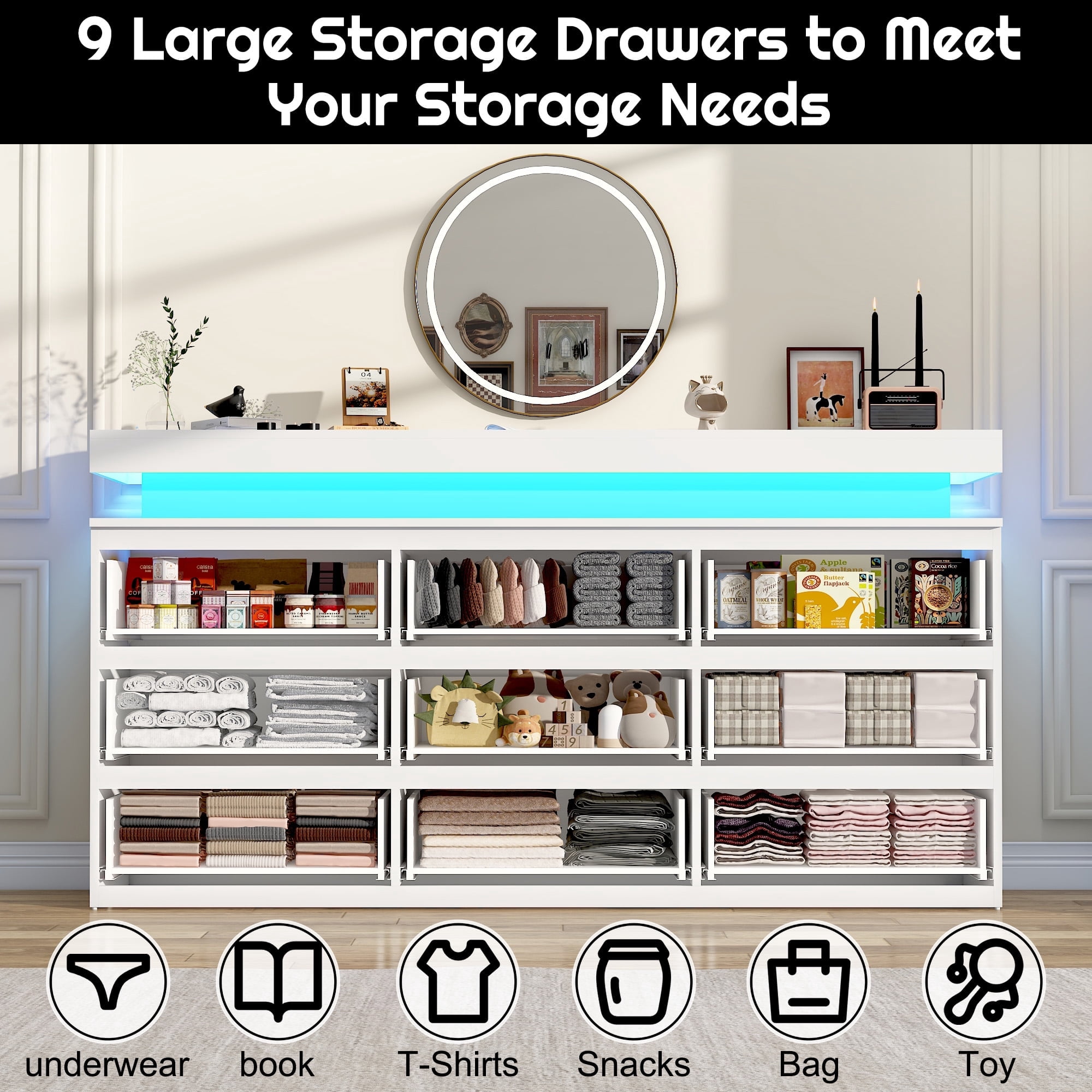 ChVans White 9 Drawer Dresser with LED Lights, 63" Wide Modern Wood Chest of Drawers with Charging Station & Handle Free, LED White Dresser for bedroom, Living Room, Entryway, Hallway