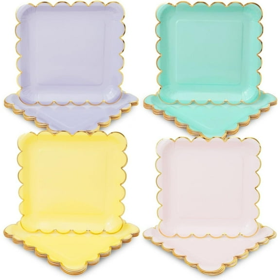 Sparkle and Bash Scalloped Paper Plates - 48 Count, 9-inch Square, Assorted Pastel & Gold Foil - Party Plates for Birthdays & Dessert Tables