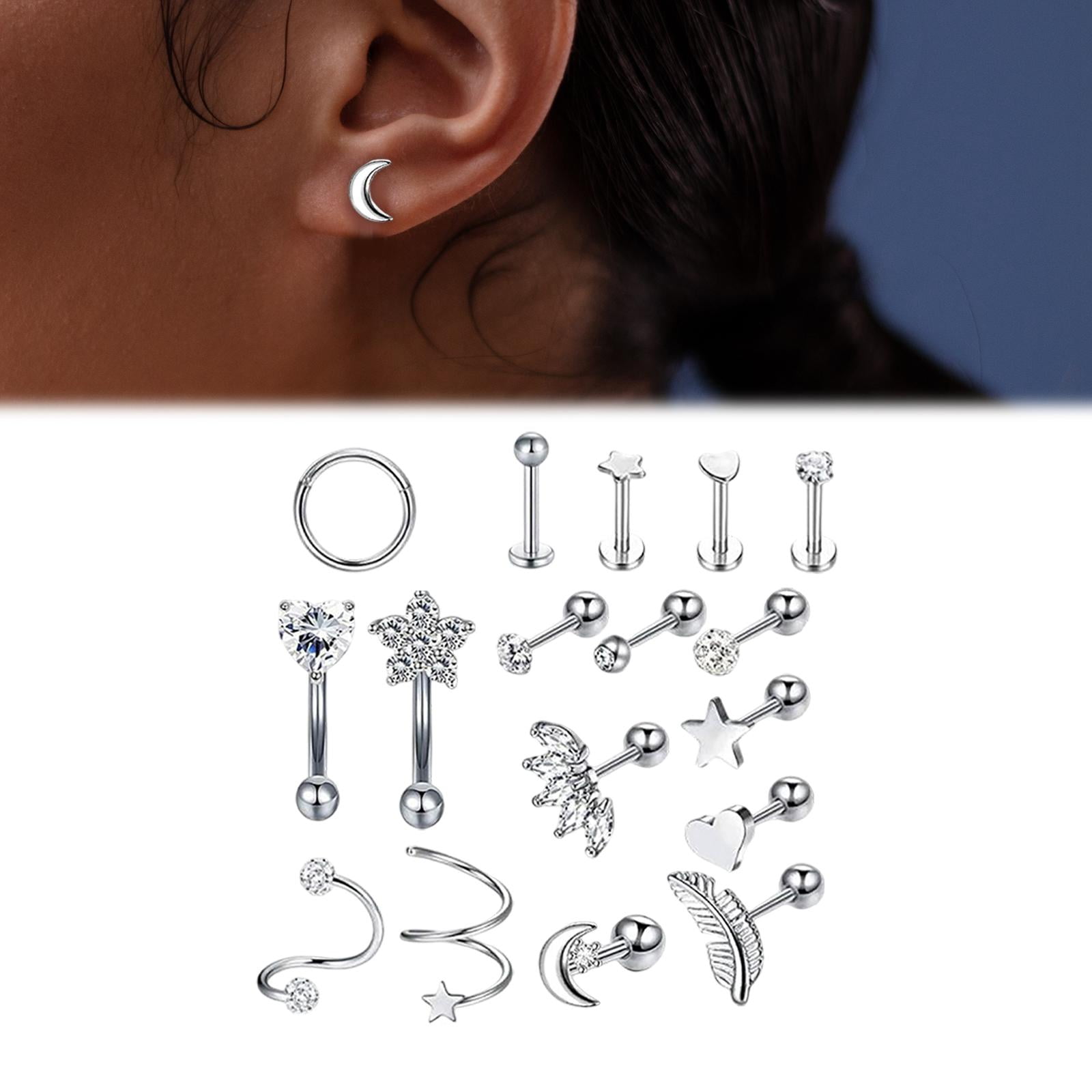 Milaget 17 Pieces Stainless Steel Ear Earrings Tragus Piercing Studs for Men Women Walmart