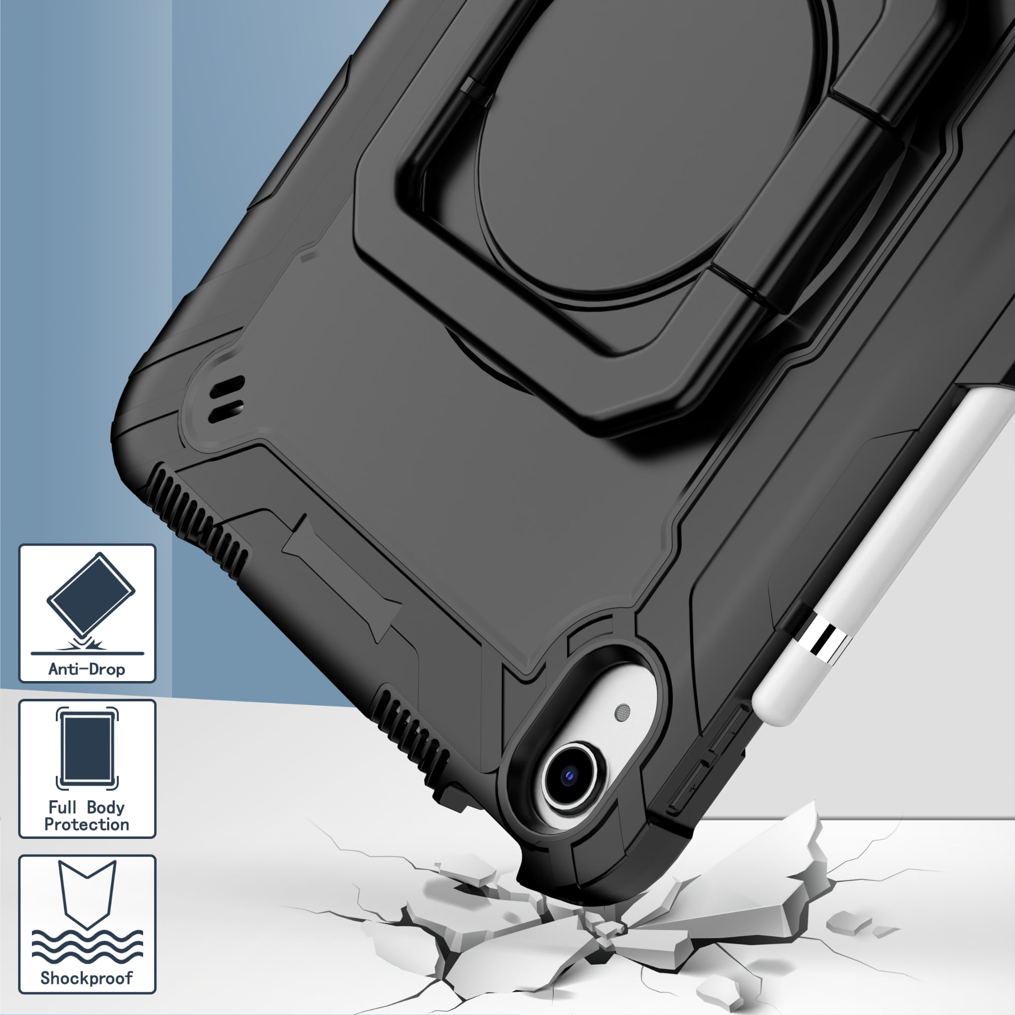Dteck iPad 10th Generation Case, New iPad 2022 10.9 inch Rugged Case with Screen Protector, Rotating Stand/Pencil Holder/Carrying Shoulder Strap,Black