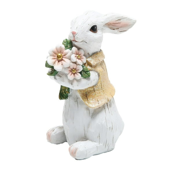 Figura de conejo de jardín, figura de príncipe, decoración familiar de conejos de Pascua de resina con flores, figuras de Pascua, decoración de mesa para jardín, casa, granja.