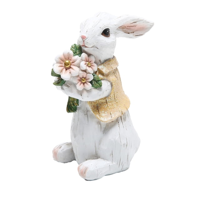 Figura de conejo de jardín, figura de príncipe, decoración familiar de conejos de Pascua de resina con flores, figuras de Pascua, decoración de mesa para jardín, casa, granja.