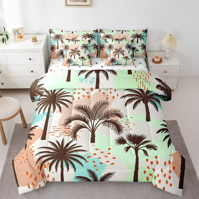 Erosebridal Literie Océan Mer Plage Format Simple, Ensemble de Lit Arbre de Coco, Ensembles de Literie Patchwork Colorés Format Simple, Ultra Doux Décoratif pour la Chambre Réversible, 7 Pcs