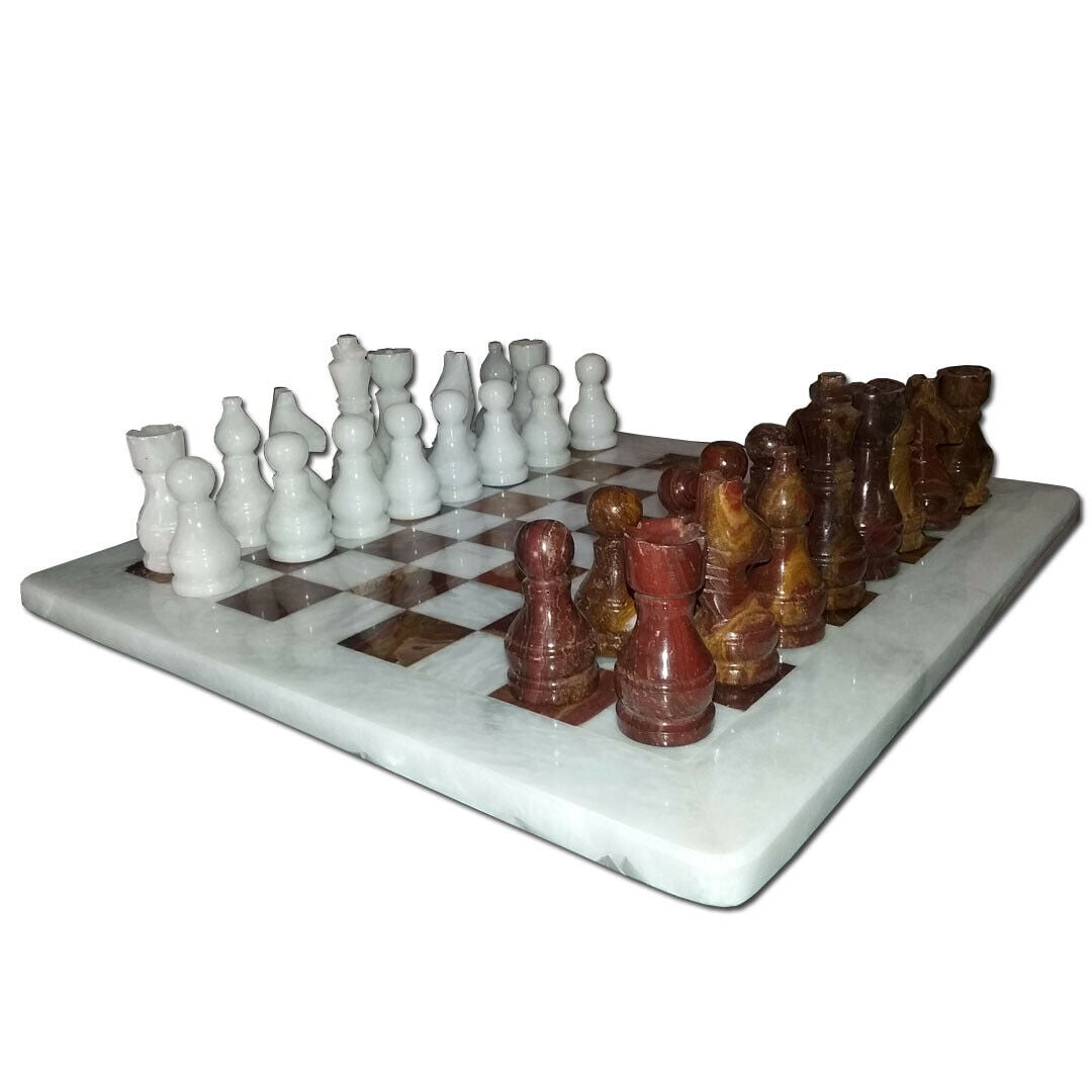 JT Handmade White and Red Marble Chess Game Set - 12 inches