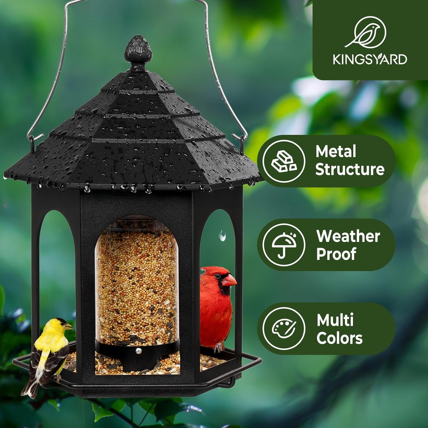 Kingsyard Metal Bird Feeder for Outdoors Hanging, 3 lbs Seed Feeder, Wild Feeders Garden Cardinal Finch Bluebird, Easy to Fill & Clean, Black