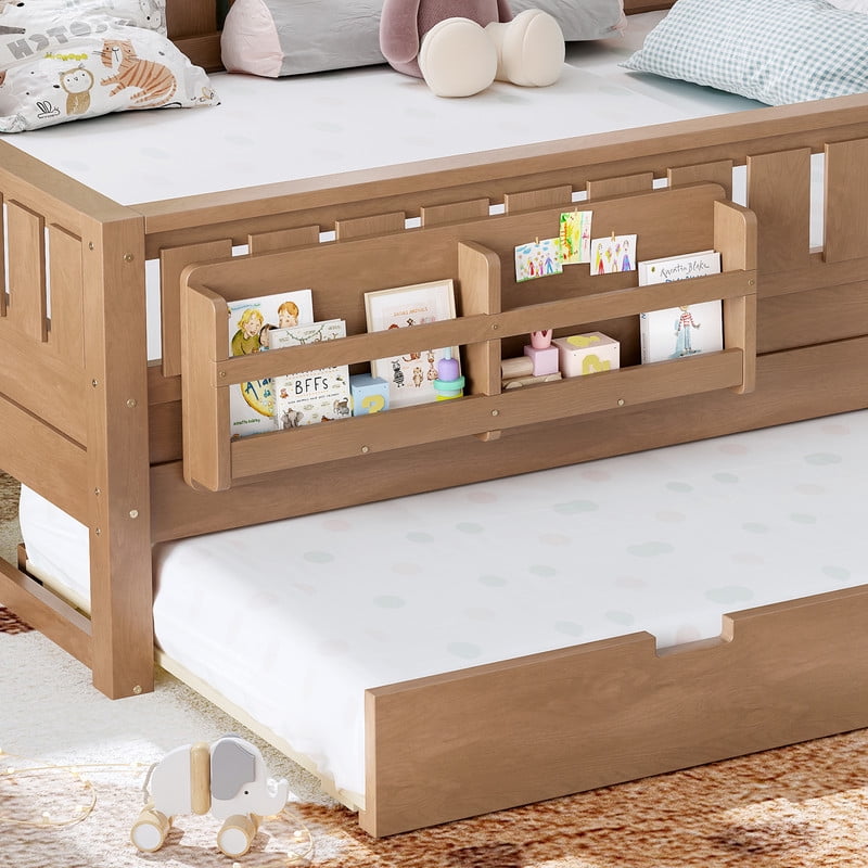 URTR Queen Bed with Rail and Bookshelf, Queen Size Wooden Montessori Floor Bed with Small Stairs and Trundle, Queen Size Platform Bed Frame, No Box Spring Needed, Natural