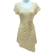 ECI Tan Ruched Striped Asymmetrical Hem Top Blouse Shirt Womens Small