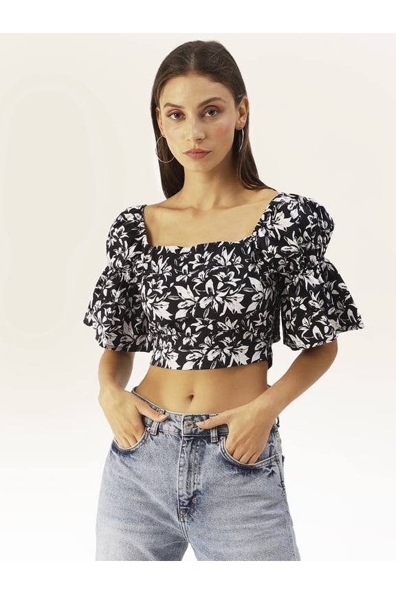 Women's Printed Cotton Semi Puffed Ruffled Elbow Sleeves Cropped Top High Waist Square Neck Casual Summer Wear Short Top