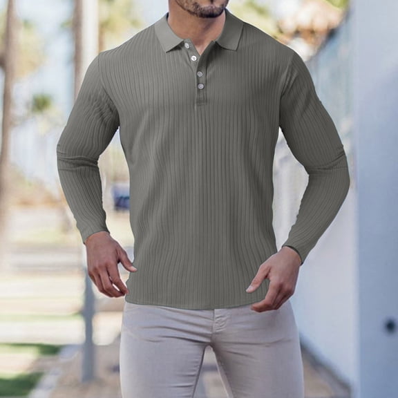 KaLI_store Men's Polo Shirts Mens Long Sleeve Shirt Casual Button Turn Down Collar Golf Shirt Grey,L
