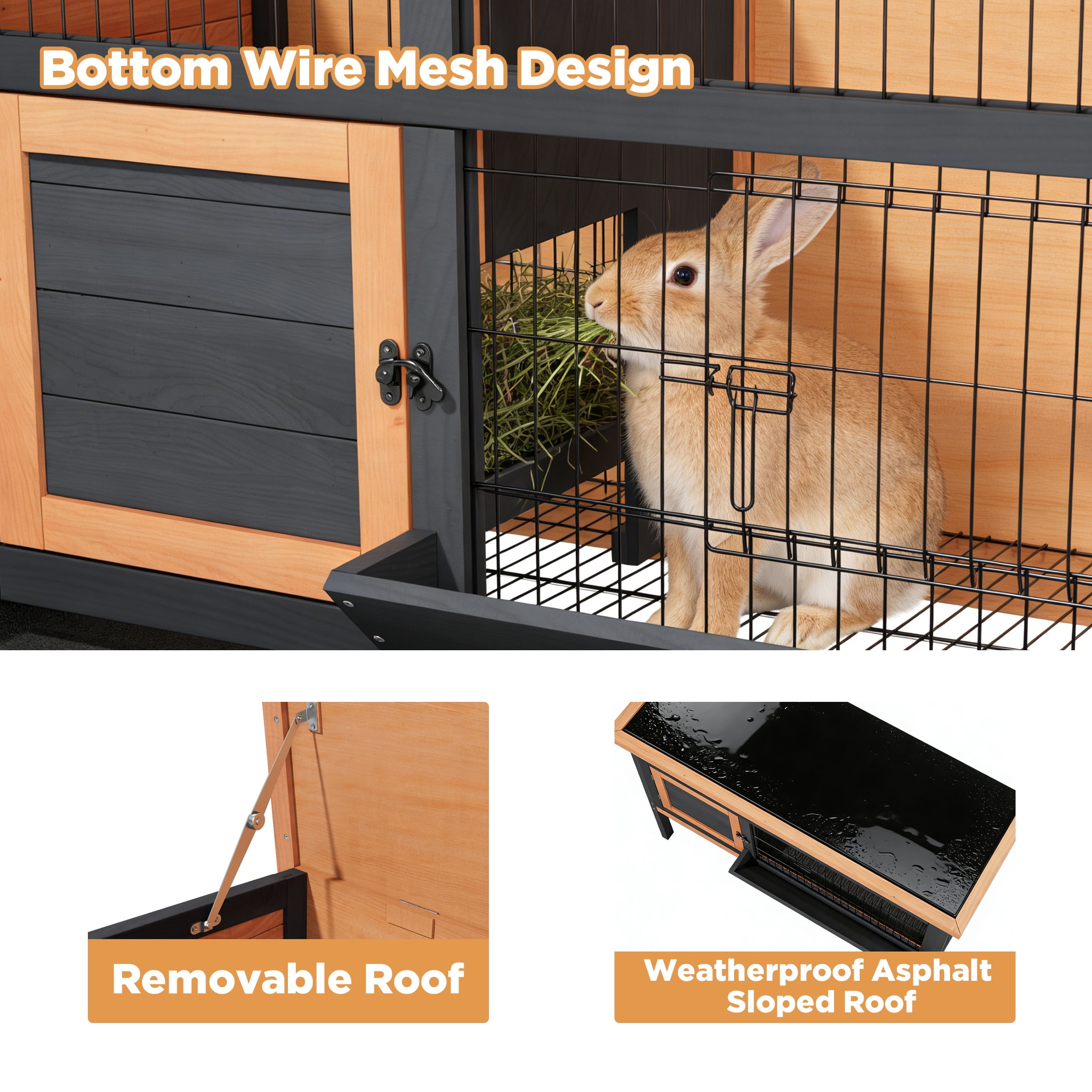 Weatherproof Elevated Rabbit Hutch with Metal Mesh Base, Removable Trays, Openable Roof & Feeding Trough, Orange & Black
