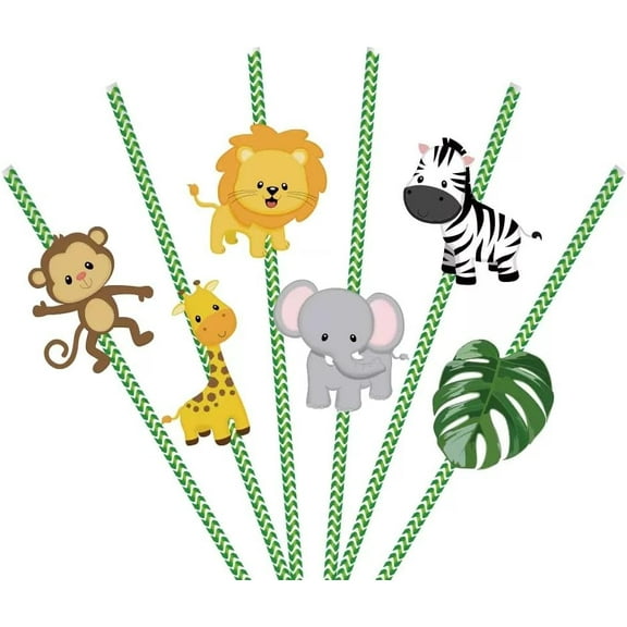 36Pcs Safari Animal Paper Straws, Jungle Safari Drinking Straws Jungle Party Favors, Wild One Baby Shower Decorations, Safari Theme Birthday Party Supplies