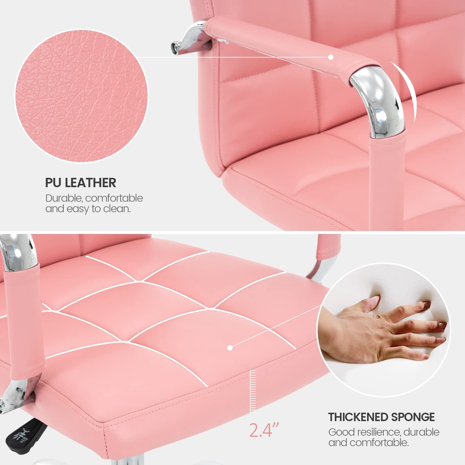 PU Leather Office Chair with Arms, Adjustable Height, Swivel Rolling Desk Chair, Mid-Back Upholstered Modern Chair for Home, Study, or Vanity, Light Pink