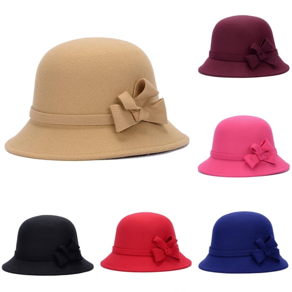 LQCrafK Women Faux Wool Church Cloche Flapper Hat Lady Bucket Winter Flower Cap (Khaki)