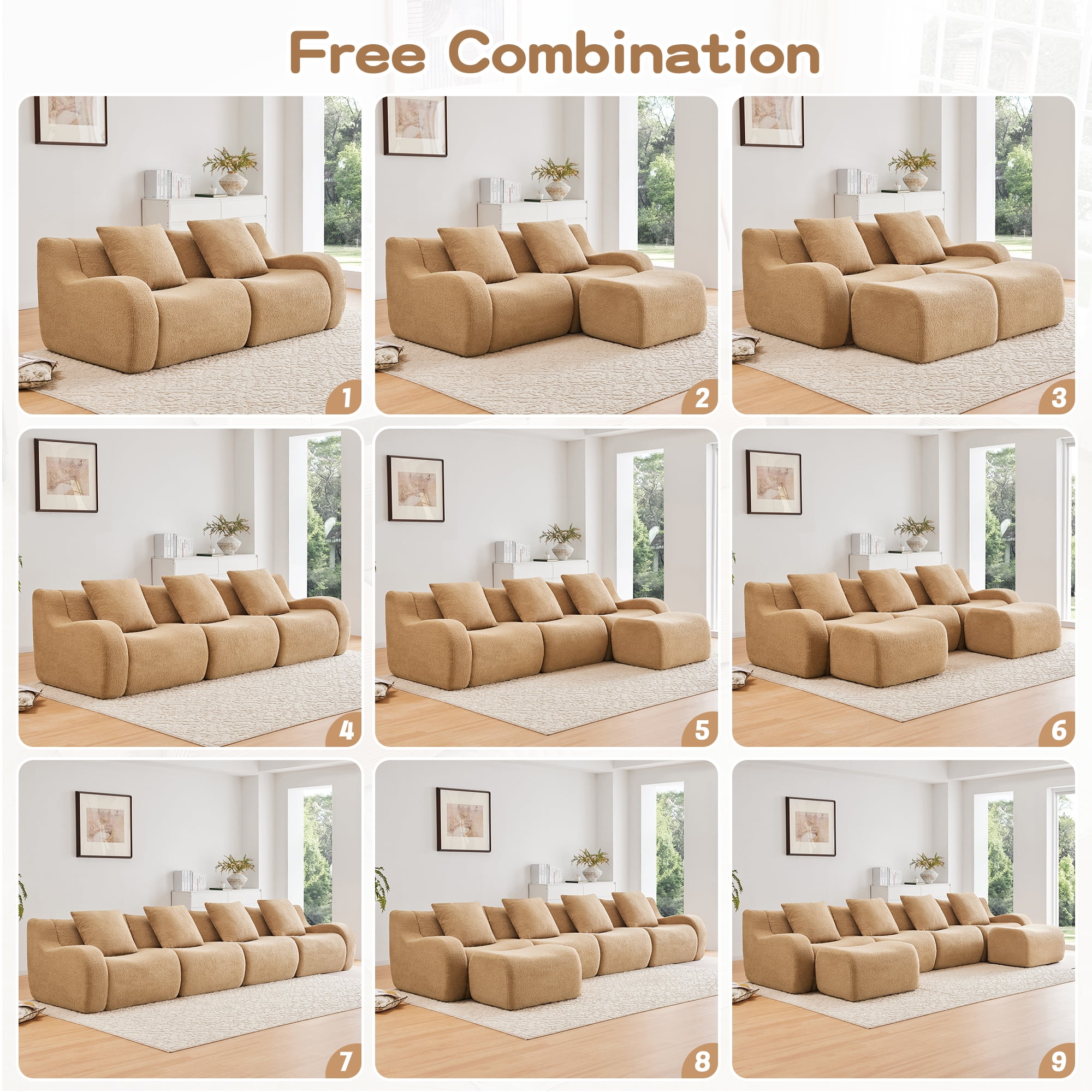 MAYEERTY 148" U-Shaped Teddy Fabric 4-Seat Boneless Sofa, Camel 300lbs/seat 32D Foam No Assembly Couch with Chaise for Living Room Study