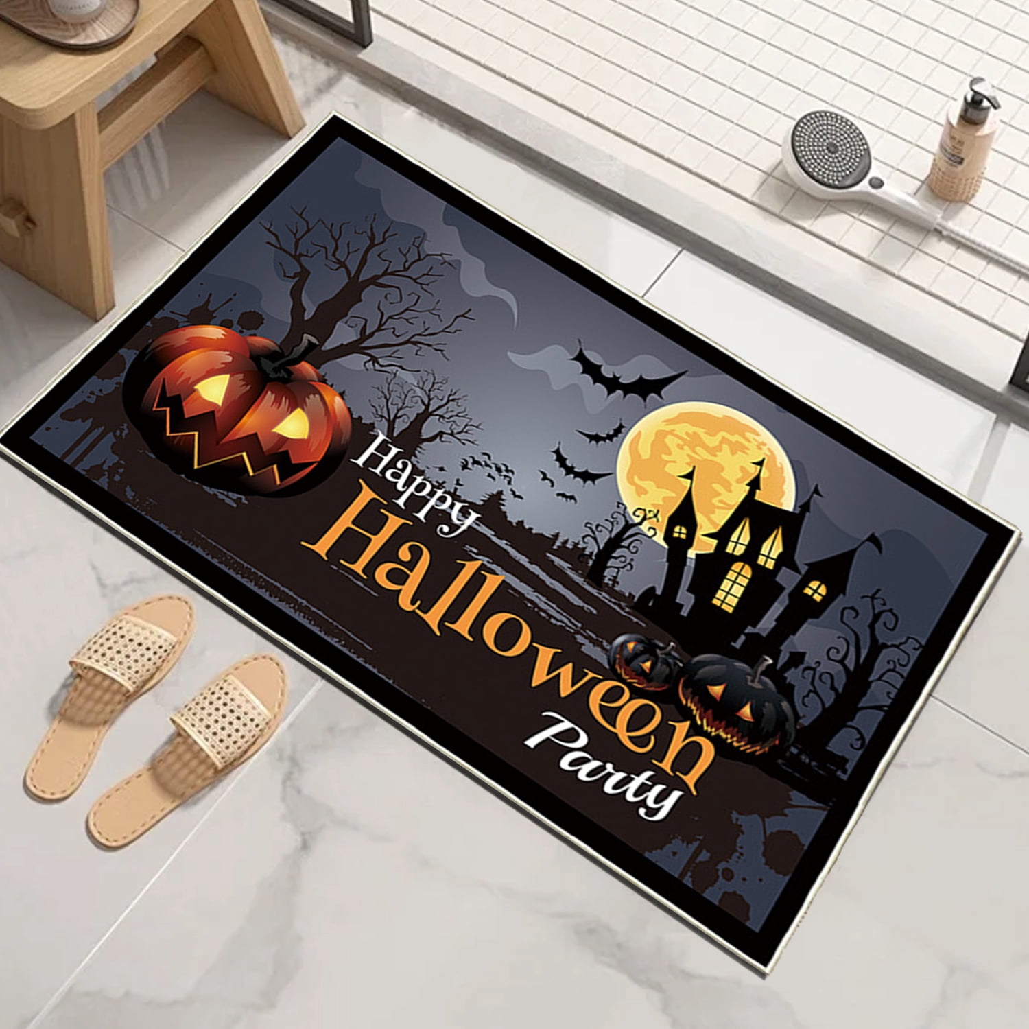 Happy Halloween Party Halloween Floor Mat Terror Pumpkin Pattern Home Décor, 24*36 Non Skid Outdoor Entrance Rug Easy Care, Absorbent Mat for Outside, Indoor Floor, Bathroom, Room Entrance Black