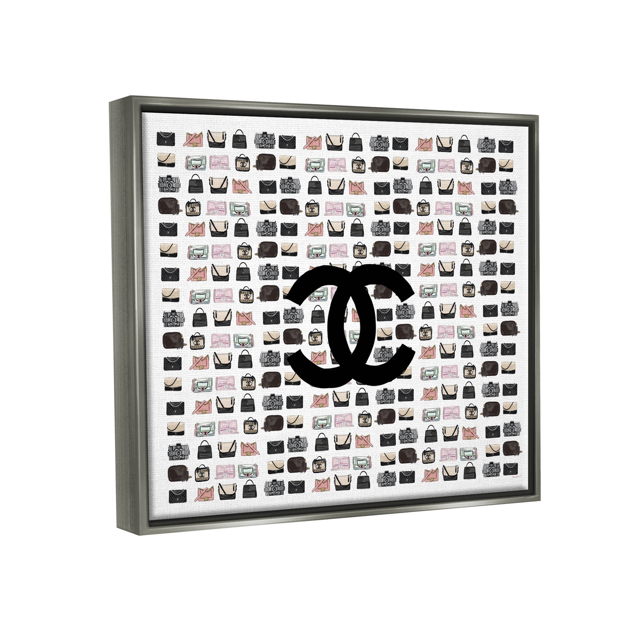 Stupell Industries Fashion Brand Glam Purses Graphic Art Luster Gray Floating Framed Canvas Print Wall Art, Design by Amelia Noyes