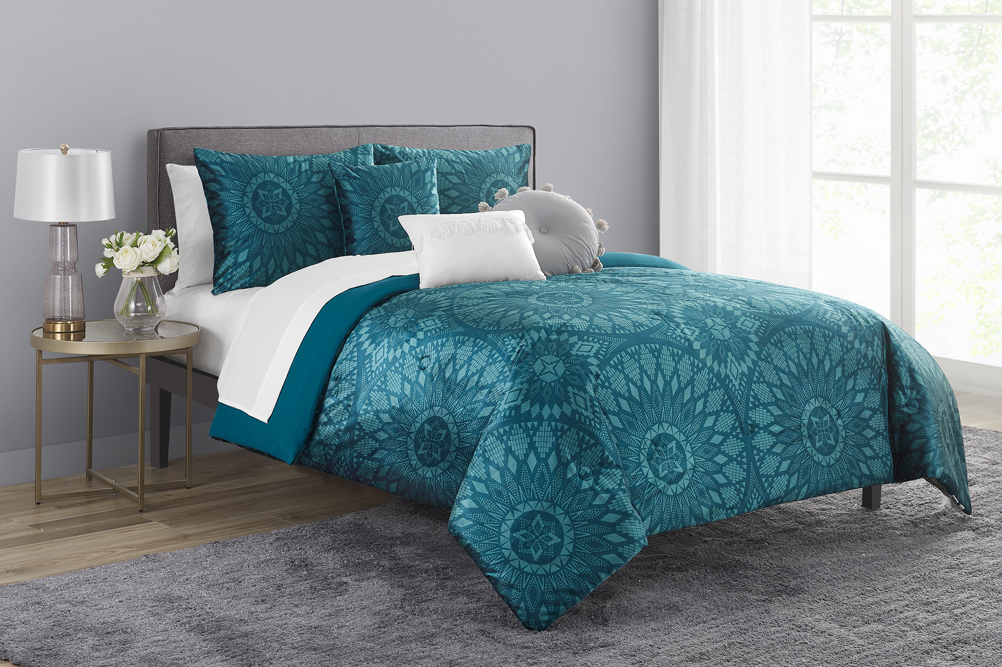 Mainstays Teal Velvet Medallion 10 Piece Bed in a Bag with Sheets and 3 DecPillows, Full - image 3 of 12