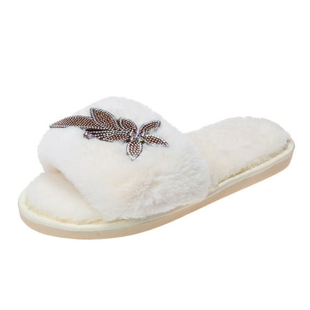 

Youmylove Women Slippers Fashion Solid Color Plush Rhinestone Comfortable Flat Cotton Slippers Leisure Ladies Cozy Daily Walking
