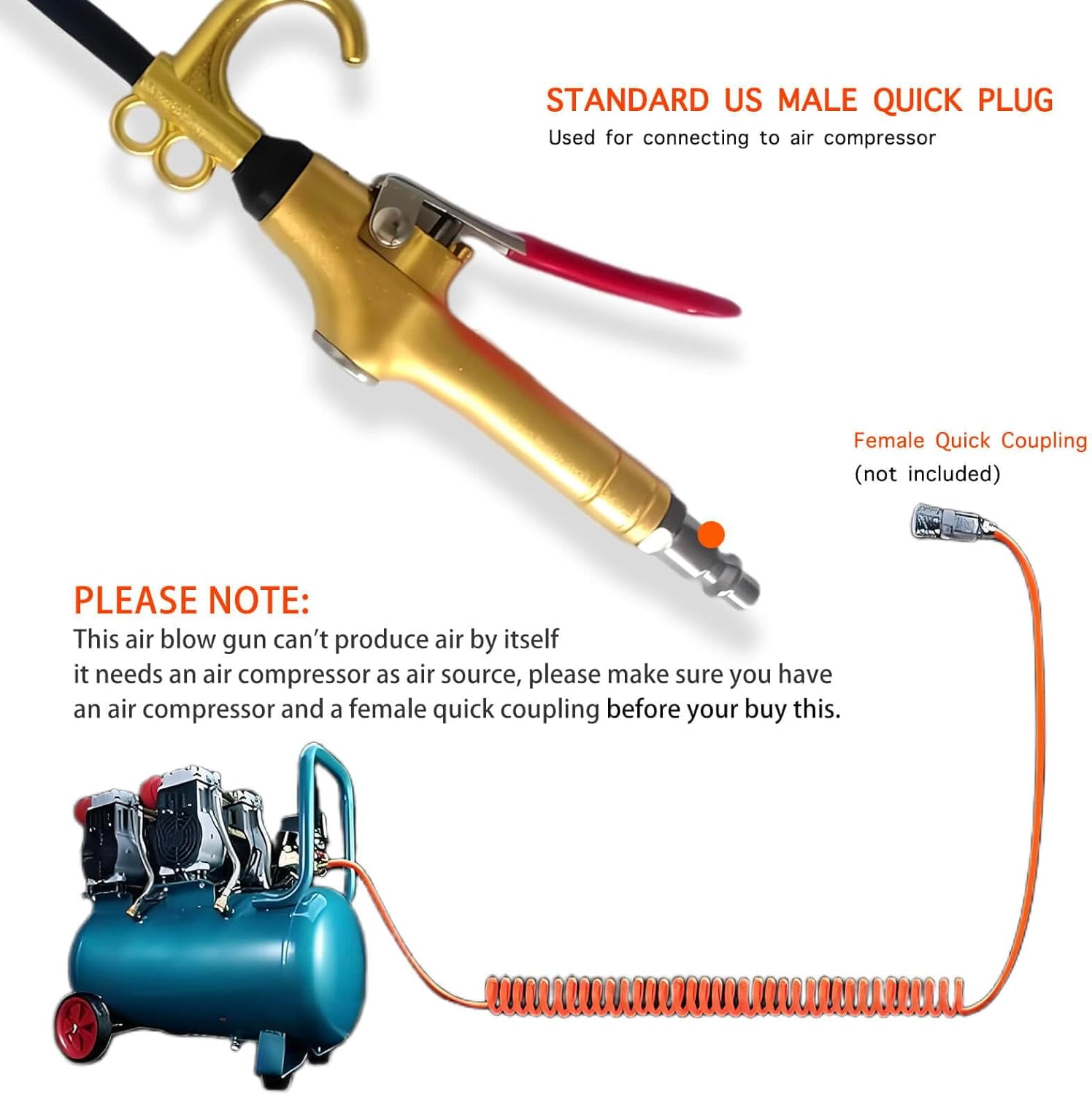 MKEUDQ-High Volume Air Blow Gun Alluminum Rubber Guard Air Flow Nozzle,Industrial Household Air Blower Gun,Pneumatic Air Compressor Accessories Dust Cleaning Tool, Gold-plated metal