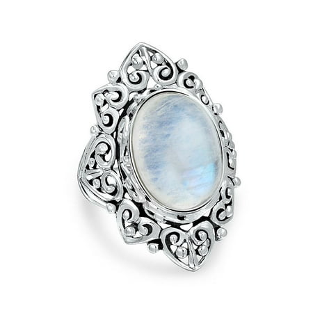 Oval Genuine Moonstone Ring - Filigree Scroll Oval Rainbow Natural Gemstone Boho Fashion Statement Full Finger Moonstone Ring Band 925 Sterling Silver