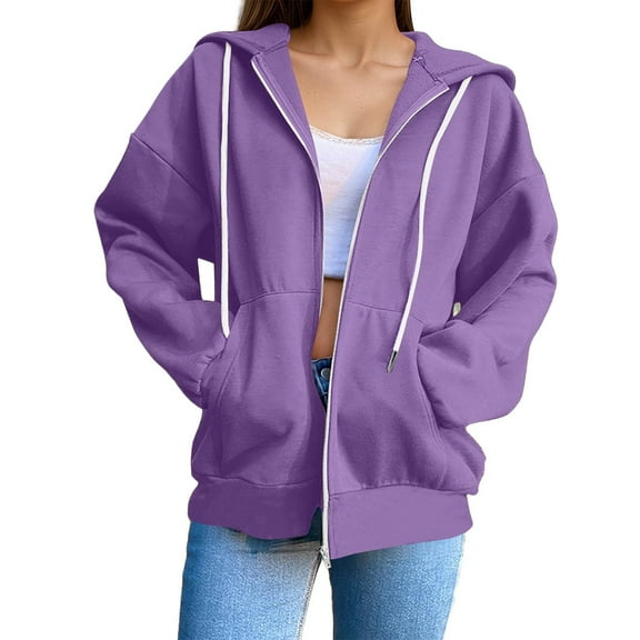 Fiaer Womens Full Zip up Hoodies Long Sleeve Loose Fit Sweatshirts Drawstring Solid Color Casual Trendy Tops with Pocket Purple XL