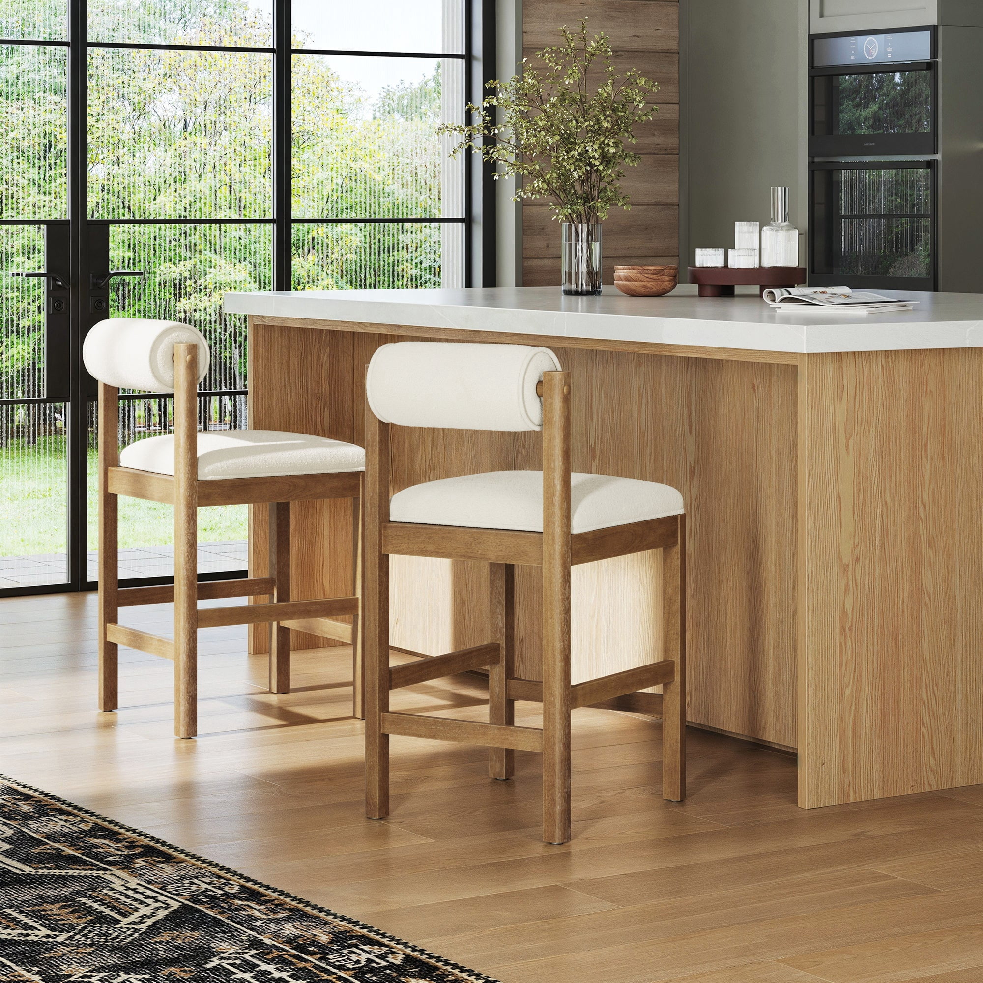 Nathan James Kimberly Modern Counter Stool with Solid Wood Legs, Boucle Upholstered Counter Height Stool with Bolster Back, Cream Boucle/Light Brown